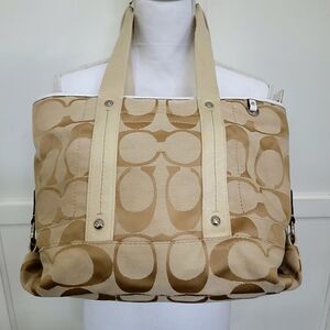 Coach Tan Tote Bag with Signature Pattern and Leather Trim - FI8855